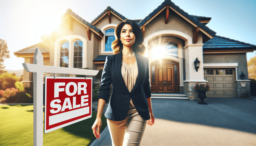 Real estate agent standing in front of a modern house with a 'For Sale' sign