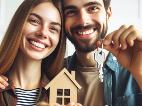first-time home buyer guide: A happy couple holding the keys to their new home, standing in front of a modern two-story house with a small front yard and a carport