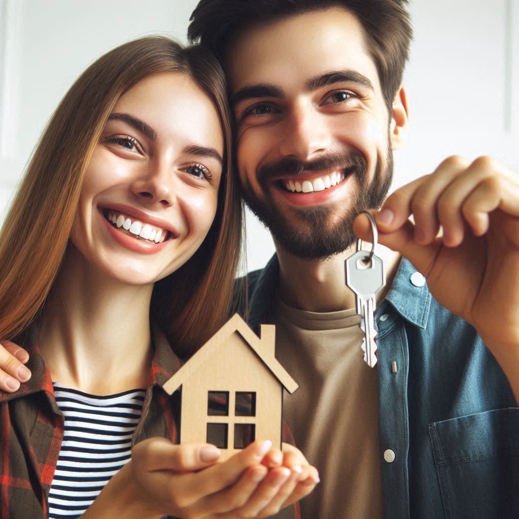 first-time home buyer guide: A happy couple holding the keys to their new home, standing in front of a modern two-story house with a small front yard and a carport