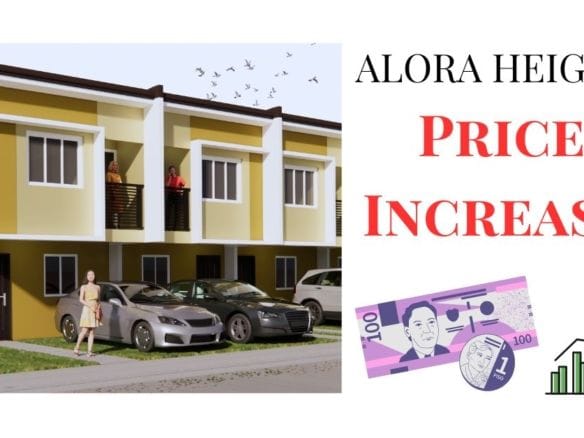Advertisement showcasing Alora Heights townhouses with a prominent headline 'Alora Heights Price Increase.' The image includes a row of modern townhouses with parked cars and people on the balconies, alongside visuals of currency and a rising bar graph symbolizing the price hike.