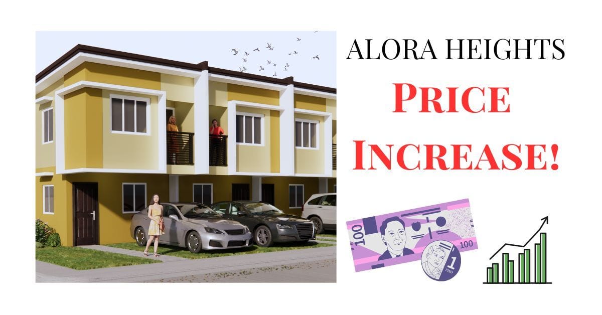 Advertisement showcasing Alora Heights townhouses with a prominent headline 'Alora Heights Price Increase.' The image includes a row of modern townhouses with parked cars and people on the balconies, alongside visuals of currency and a rising bar graph symbolizing the price hike.
