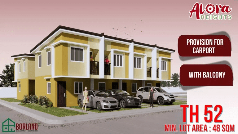 Borland Sta Maria Bulacan townhouse development Alora Heights featuring two-story units with balconies and carport provisions. Minimum lot area of 48 sqm.