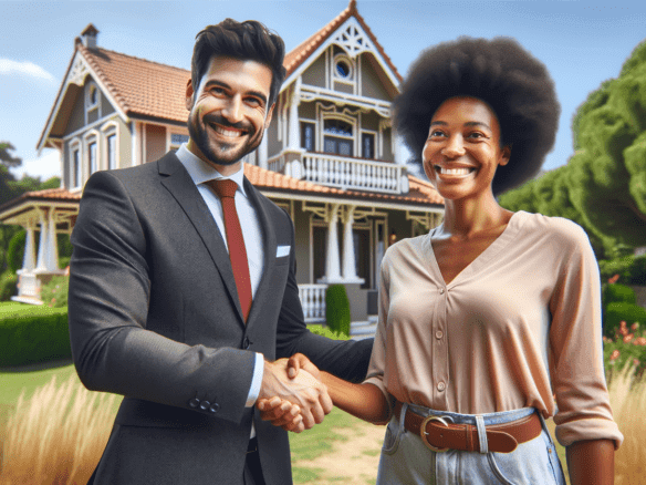 Professional real estate agent in a suit shaking hands with a client in front of a beautiful modern house, showcasing the best real estate agents in the industry