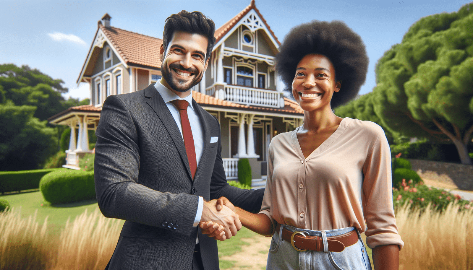 Professional real estate agent in a suit shaking hands with a client in front of a beautiful modern house, showcasing the best real estate agents in the industry
