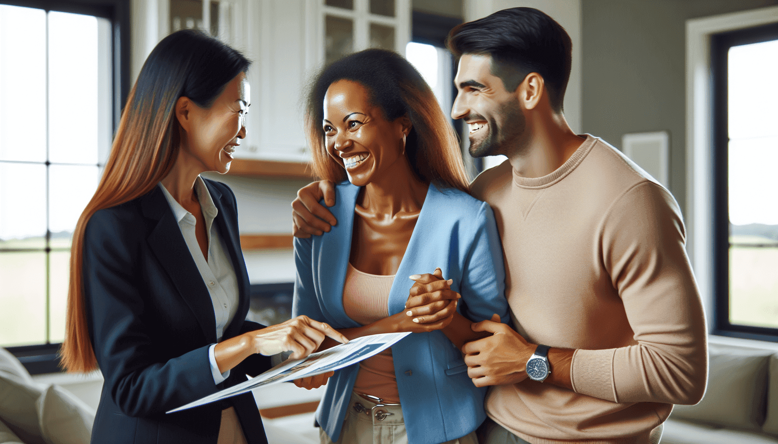 A friendly real estate agent with an East Asian (Filipino) appearance guides a happy couple through a beautiful, modern house. The couple looks excited and engaged as the agent points out the features of the home. They are smiling, holding hands, and looking at a property brochure together. The setting is bright and welcoming, reflecting positive and stress-free home-buying support from expert house buying support