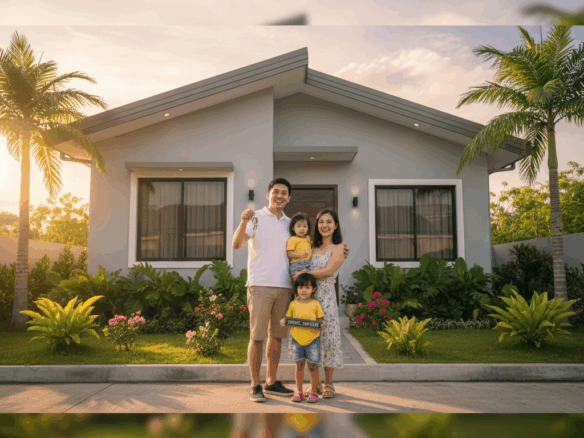 Filipino family celebrating their new home purchase in the Philippines, standing in front of a modern house at sunset — a joyful moment in their journey of paano bumili ng bahay sa Pilipinas.